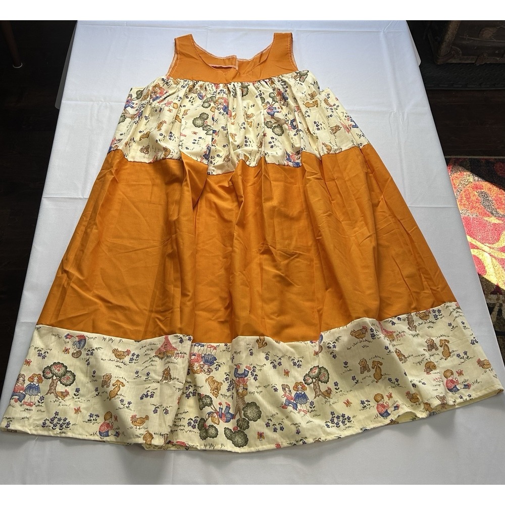 Handmade Adult Dress Medium Large Cottagecore Storybook Print Orange Cotton
